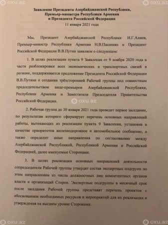 Azərbaycan, Rusiya və Ermənistan liderlərinin imzaladığı 11 yanvar Moskva bəyanatından iki il keçir