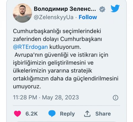 Zelenski Ərdoğanı türk dilində təbrik edib